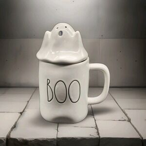 Rae Dunn Magenta Collection White Ghost Boo Mug With Lid Halloween